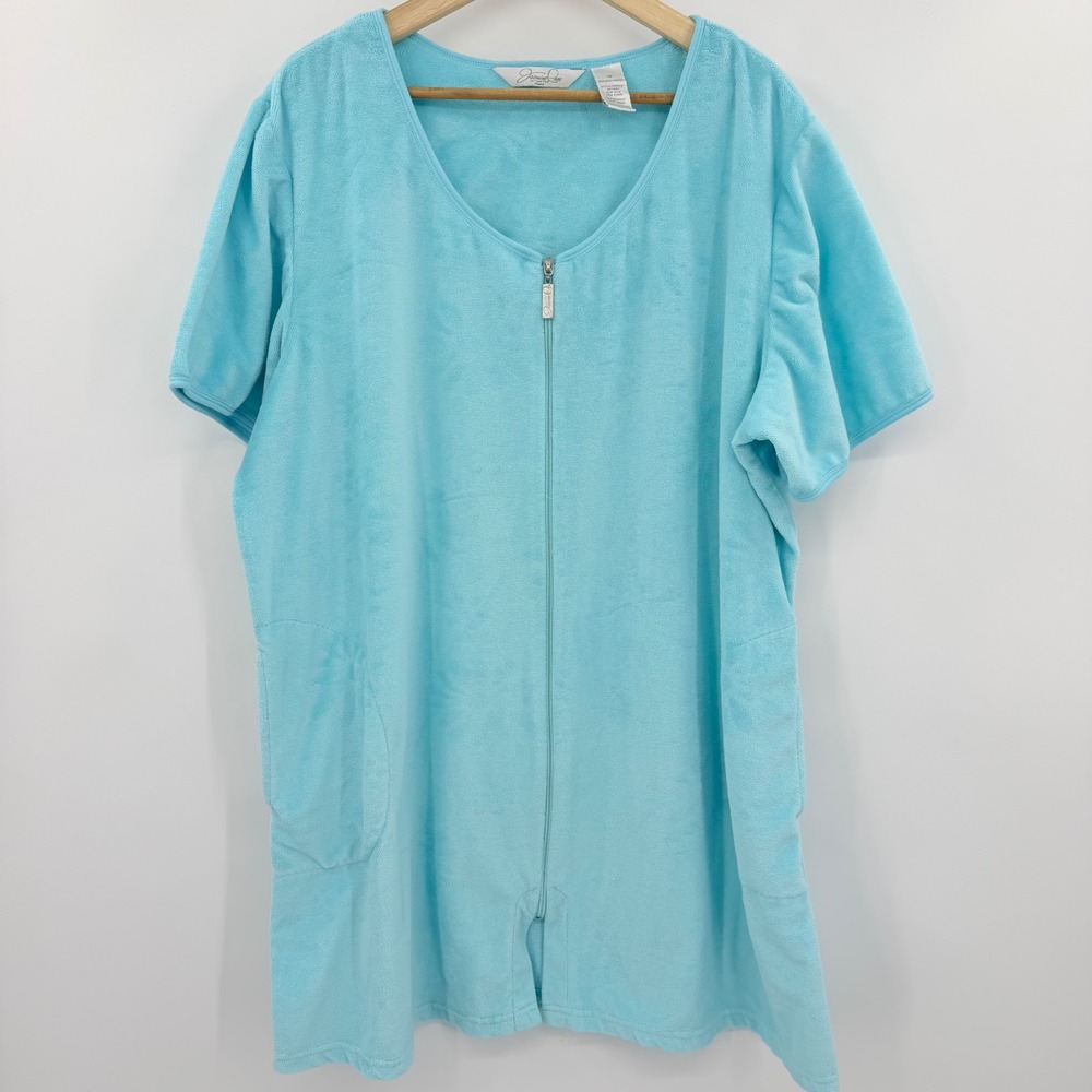Jasmine Rose Intimates Blue Terry‎ Cloth Zip Front Robe Floral Embossed 1X